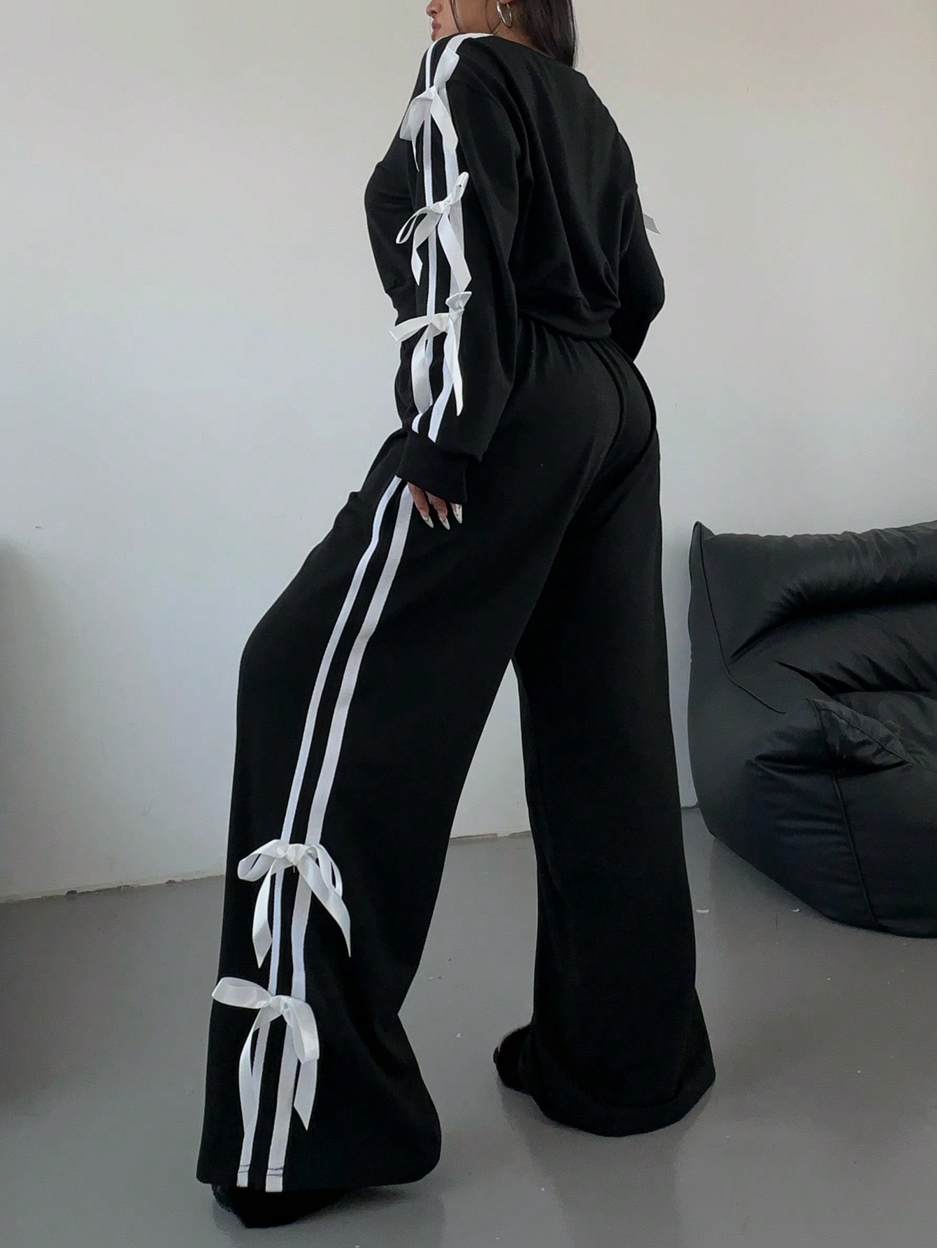 Plus Size Fashionable Casual Style Bow Design Women's Set Autumn Winter Style_ecoleips.com