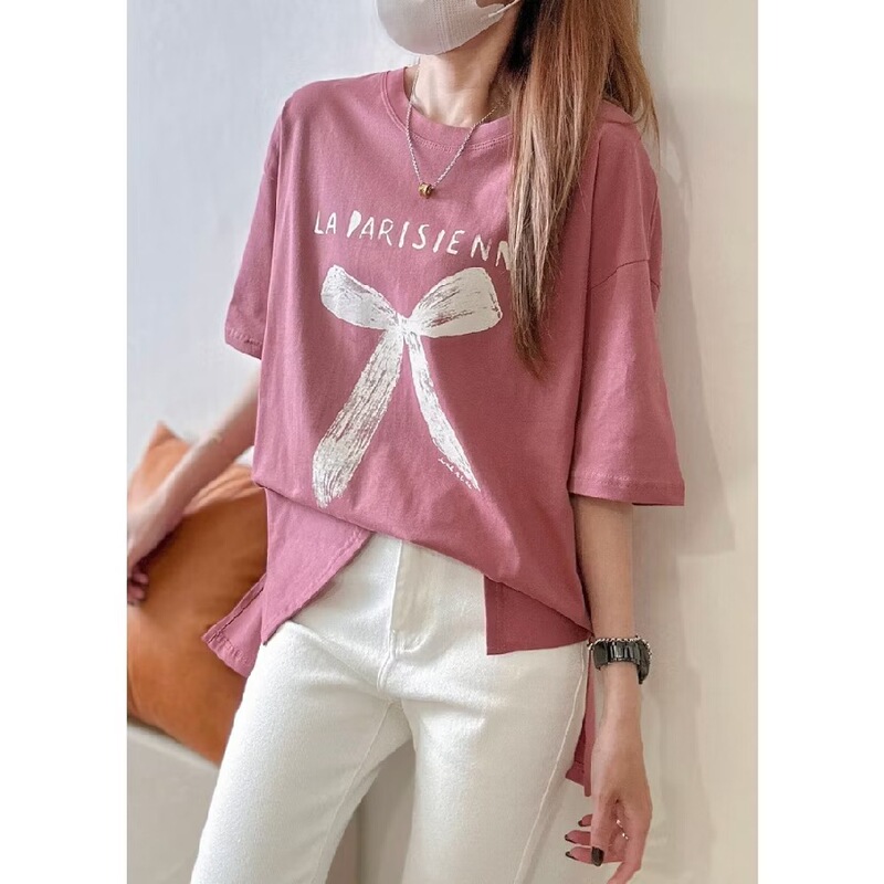 Sweet and Cute Butterfly Print Split Short-Sleeved T-Shirt for Women 2026 Summer New Style Loose Large Size Round Neck Top