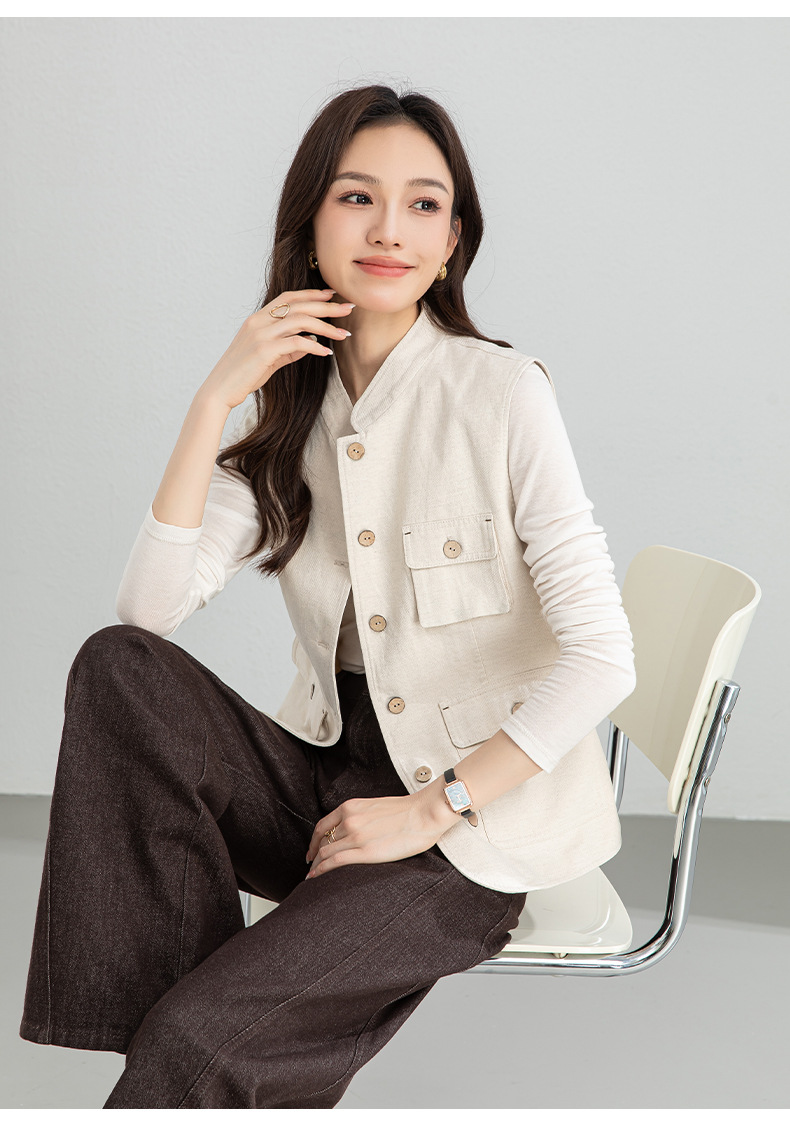 Áo gile nữ phong cách Nhật cổ điển chất liệu cotton pha lanh, dáng không tay, thiết kế layer độc đáo — màu sắc chi tiết 20