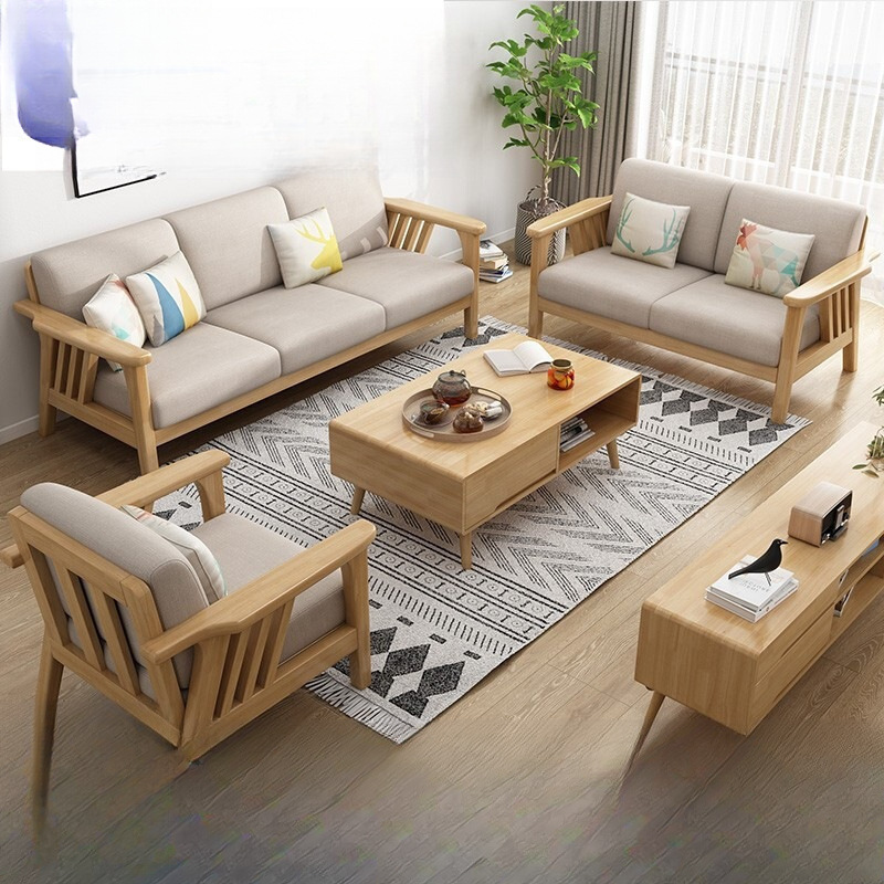 Kaoyin Five-Seat Chaise Sofa Small Apartment Living Room Furniture Rubber Corner Wooden Sofa Simple Nordic Modern Cloth