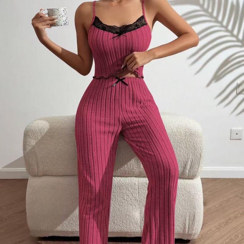 欧美跨境热销家居服坑条爱心吊带背心睡衣女可外穿长裤两件套套装|undefined