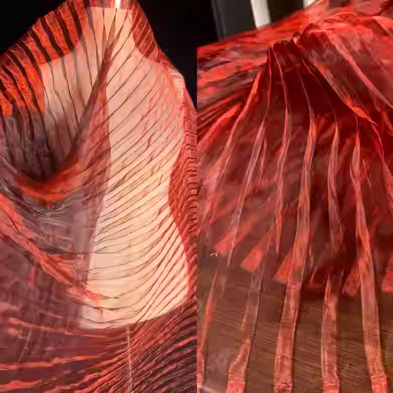 古兰色渐变色幻彩镭射风琴褶百褶布料原创透视时装设计师褶皱面料