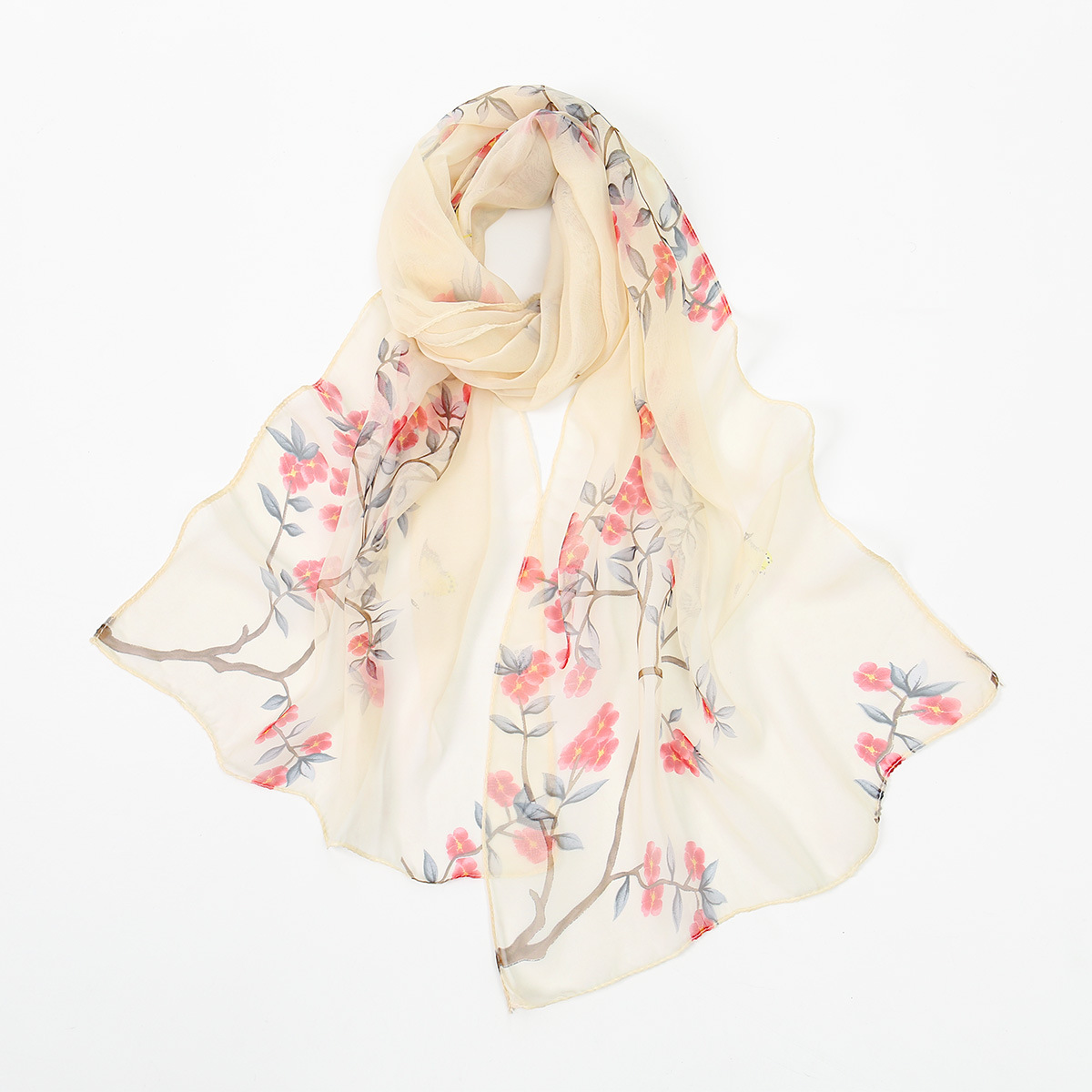 漂亮梅花印花丝巾 中国风乔其纱丝巾 优雅长巾春季撞色女围巾批发