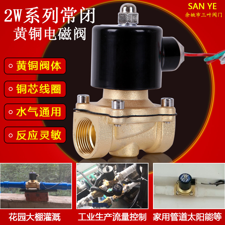 SANYE三叶黄铜常闭电磁阀开关阀220V24V水阀 气阀4分6分1寸铜线圈