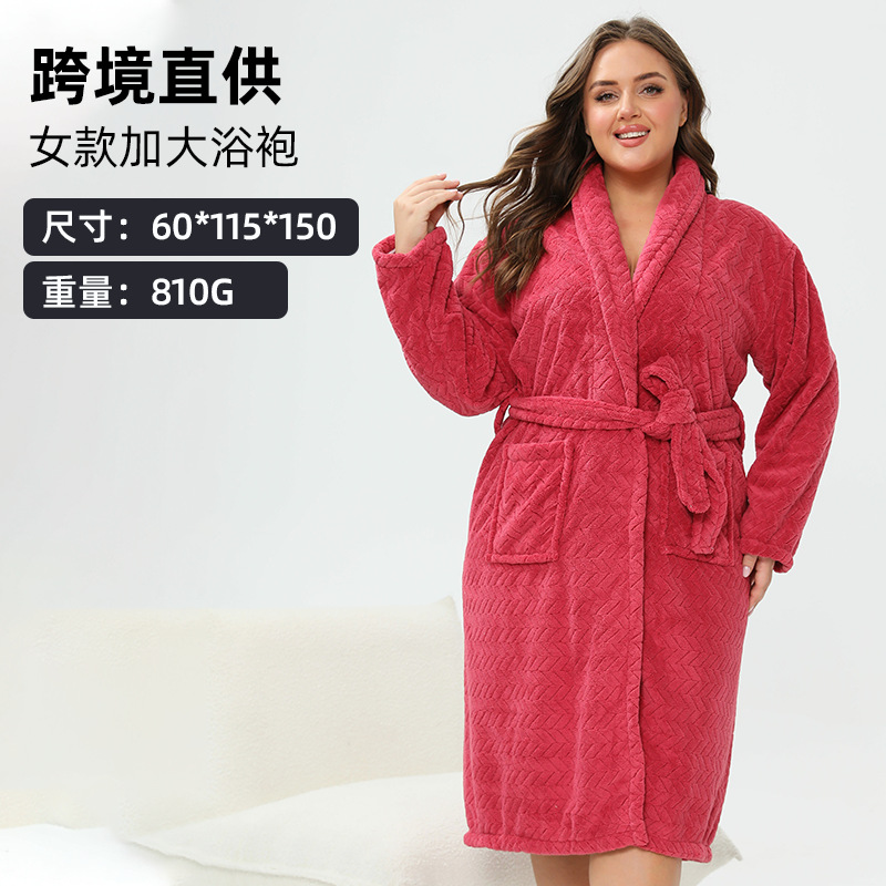 跨境亚马逊特大码珊瑚绒浴袍睡衣女秋冬加厚加肥睡袍浴裙冬季长款