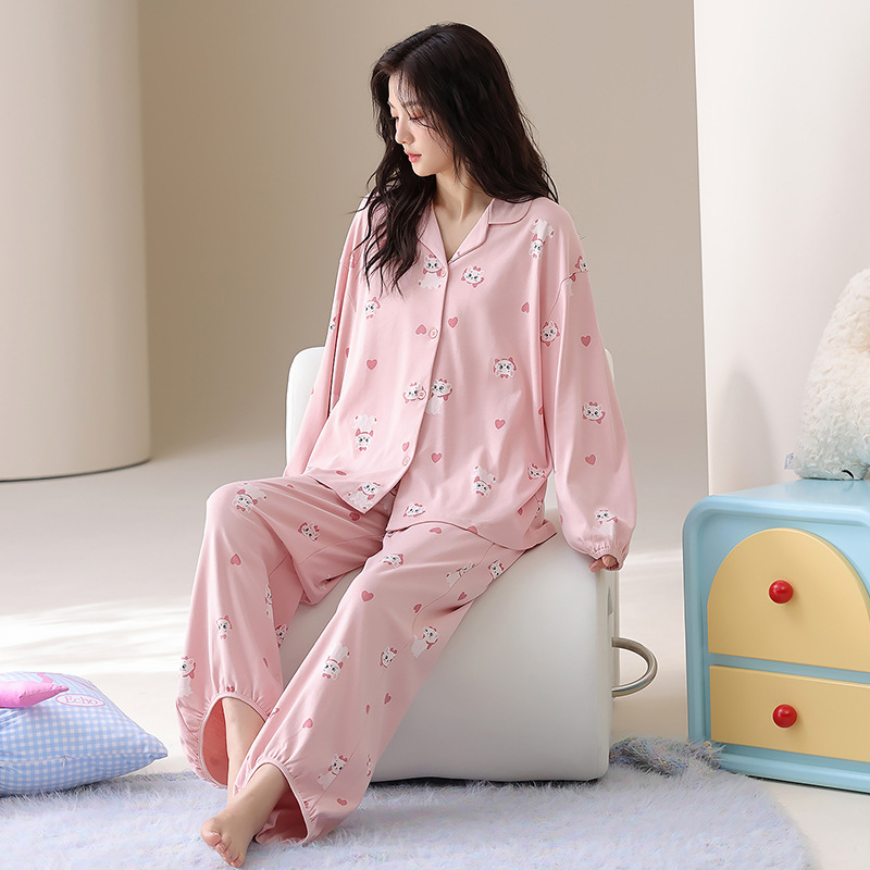 [Algodón puro] 40 pijamas de doble cara para mujer, primavera, otoño e invierno, nuevo estilo de manga larga con almohadilla para el pecho, traje de servicio a domicilio que se puede usar afuera