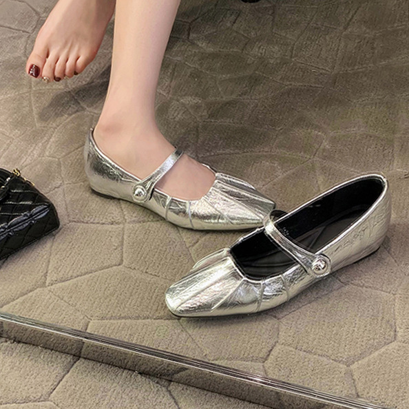 Versión de piel de oveja ~ aumento de altura en pliegues de cuero plateado zapatos de ballet de mujer con suela gruesa marijin zapatos de ballet