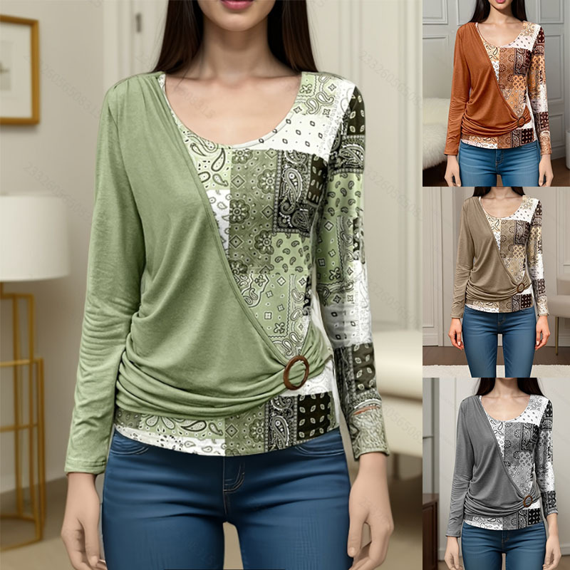 2023亚马逊欧美秋季印花纯色拼接休闲长袖针织T恤