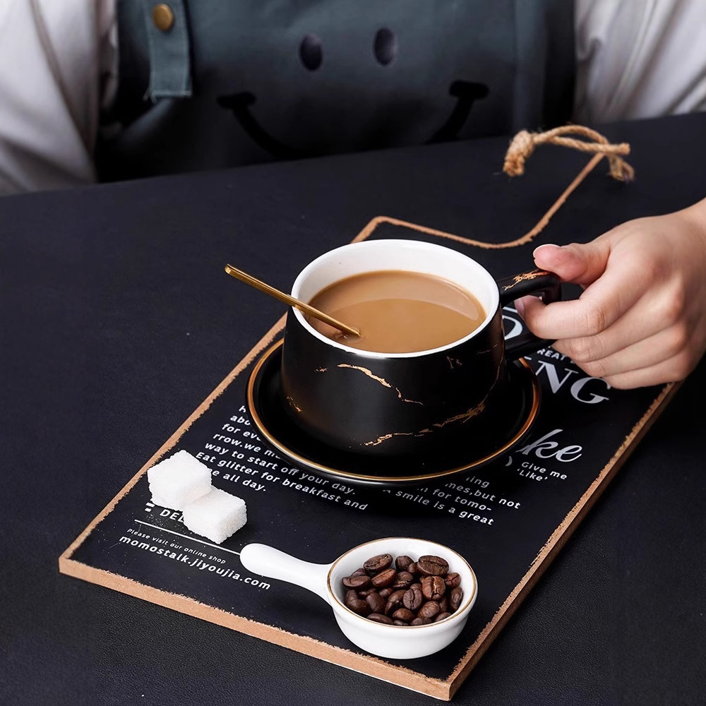 Juego de tazas y platillos de cerámica con patrón de piedra retro, tazas de café exquisitas de alta gama, té de la tarde en casa, tazas de latte francés de alto valor