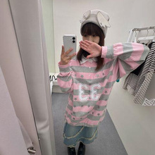 现货元天空同款韩国小众潮牌美式宽松甜美条纹Polo卫衣假两件上衣