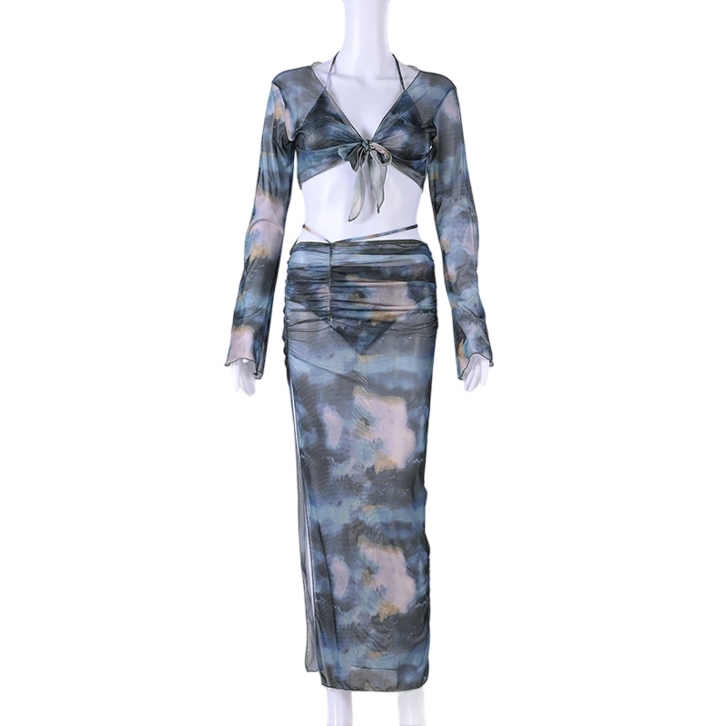 Traje de baño para mujer verano sexy bikini dividido de cuatro piezas falda larga dividida manga larga difuminado traje de baño de vacaciones de aguas termales