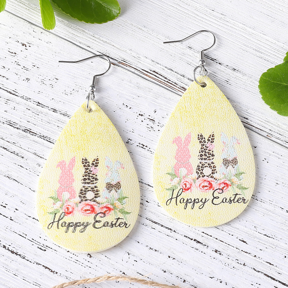 1 Pair Fashion Rabbit Letter Water Droplets Stainless Steel Pu Leather Printing Easter Women's Drop Earrings display picture 2