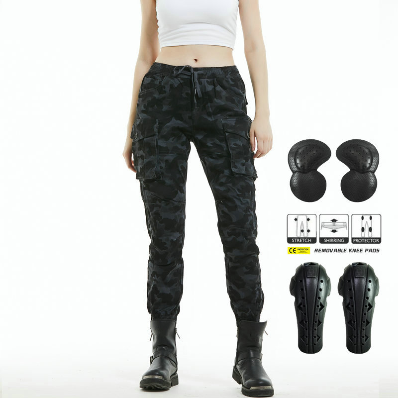 VOLERO pantalones vaqueros de la motocicleta de las mujeres de camuflaje atado al tobillo multi-Bolsa de ropa de trabajo motocicleta montar pantalones anti-caída equipo de protección alargado