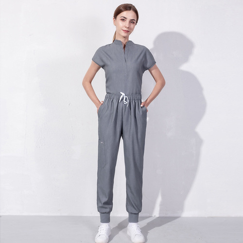 Short-sleeved scrub top high-end nurse uniform women's split set dental doctor workwear men's elastic surgical gown