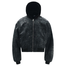 6373冬季美式高街潮流解构复古PU皮设计男式宽松座山雕开衫棉服