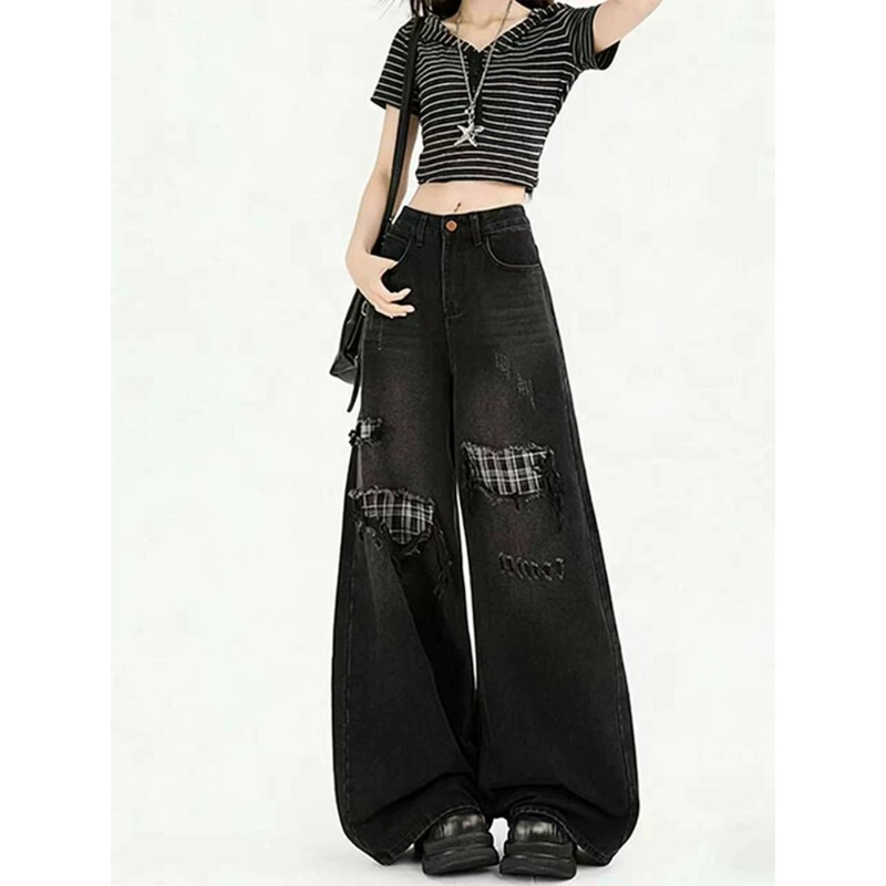American retro plaid patchwork jeans for women, 2026 summer new style, high-waisted, slimming, loose, faux ripped wide-leg pants