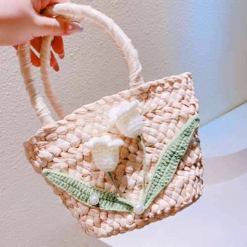 HD6296 Romantic Summer~Handmade Knitted Crochet Pearl Flower Girl Lining Grass Weave Vacation Bag Tote Bag