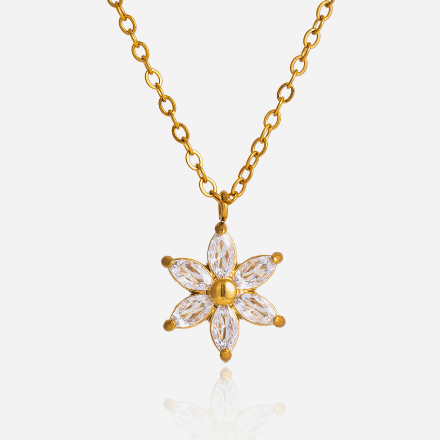Elegant European and American style new classic ins-style white zircon flower pendant stainless steel O-chain necklace with unique design