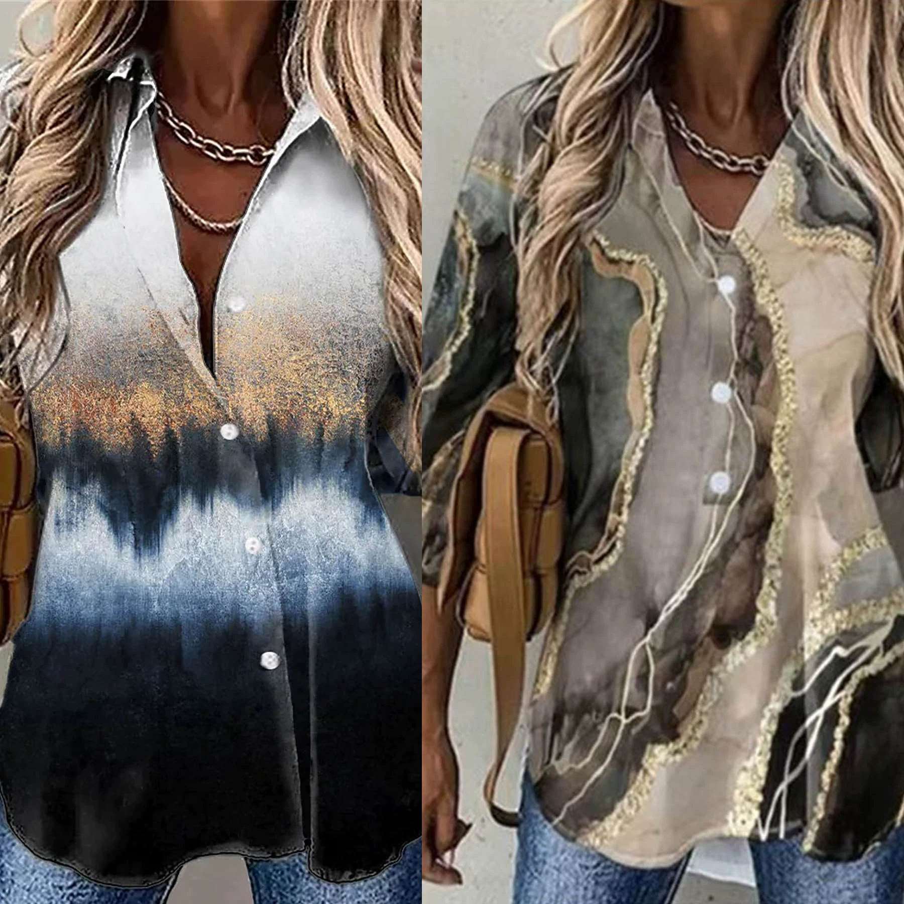 Весенние женские рубашки, новая трансграничная женская одежда AliExpress Amazon, рубашки с длинными рукавами и лацканами с принтом для женщин