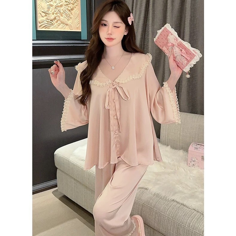 Spring and Autumn New Chiffon Pajamas for Women, Doll Collar, Long Sleeves, Long Pants, Sweet Style, High-End Feel, Thin Home Wear Set Spring and Autumn New Chiffon Pajamas for Women, Doll Collar, Long Sleeves, Long Pants, Sweet Style, High-End Feel, Thin Home Wear Set