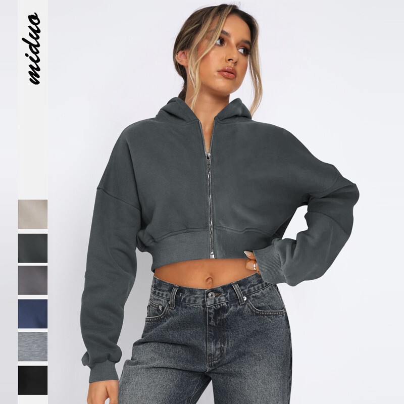 Wish New Street European and American Style Long-Sleeved Tops Cross-Border Fleece Zipper Cardigan Hooded Sweatshirt Casual Jacket for Women