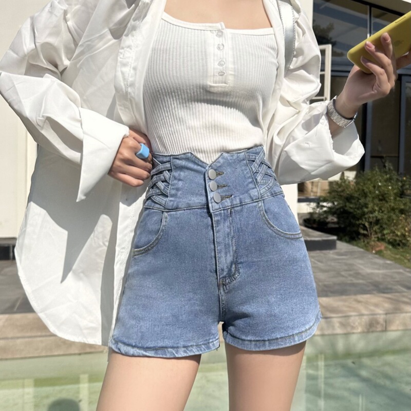 Korean Style High Waist Elastic Denim Shorts Women's 2024 Summer New Loose Slimming A- line Wide Leg Hot Pants Ins