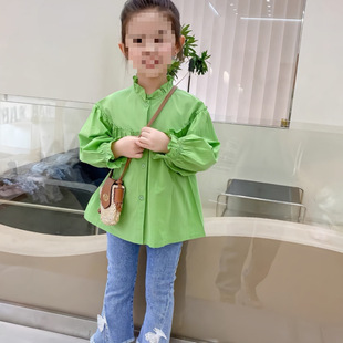 2025 New Children's Clothing Spring Clothing 0-8 Years Old Fashionable Girls Green Doll Shirt Stand-Up Collar Shirt Baby Spring & Fall Tops