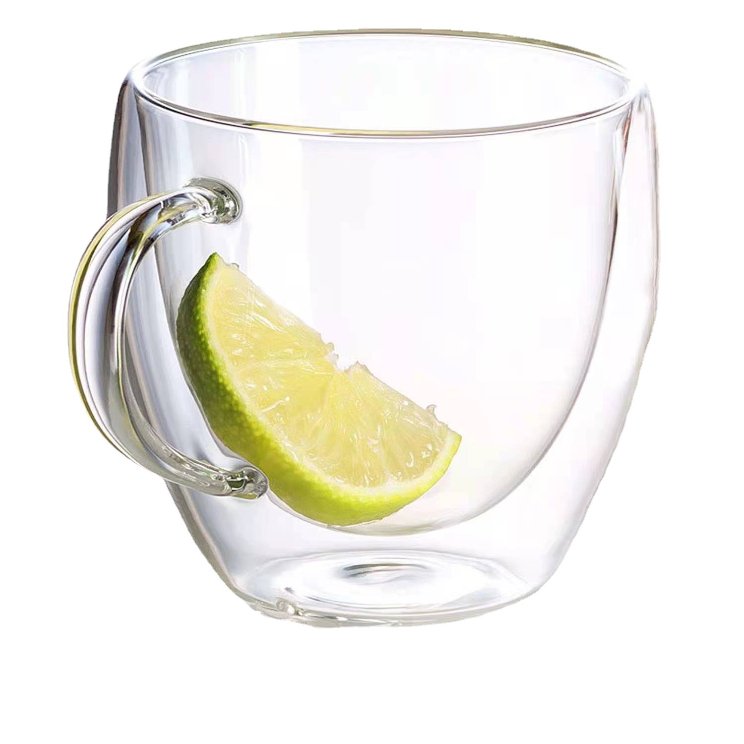 Fábrica al por mayor aislado de doble capa de leche de vidrio transparente taza de agua de vidrio con mango hogar oreja plana taza de café