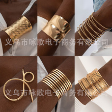 欧美跨境饰品几何金属花纹开口手镯时尚弧形光面夸张手链批发