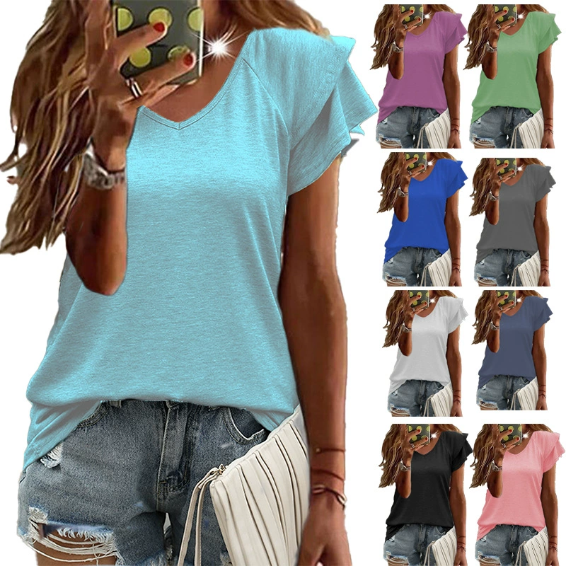 Amazon 2023 Взрывы Европейская и американская летняя новая независимая футболка с V-образным вырезом и короткими рукавами, топ, трансграничная женская одежда