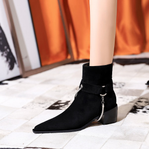 009-19 Fashion European American Metal Chain Knight Boots Pointed Suede Coarse Heel Short Boots Chelsea Martin Boots Wom