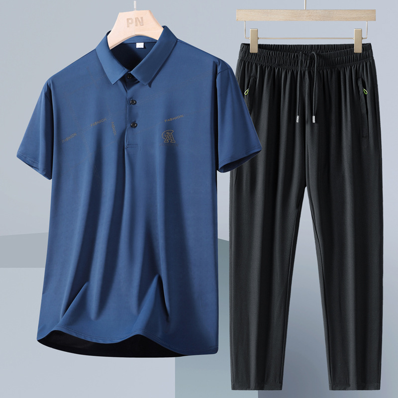 Verano, traje de hombre de seda de hielo, polo de manga corta para hombres de mediana edad, ropa de papá, ropa de negocios, pantalones casuales de secado rápido, dos piezas.