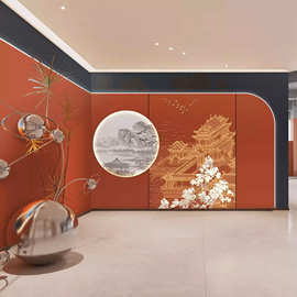 新中式中国风墙纸红色复古酒店走廊背景墙布饭店包间大气立体壁纸