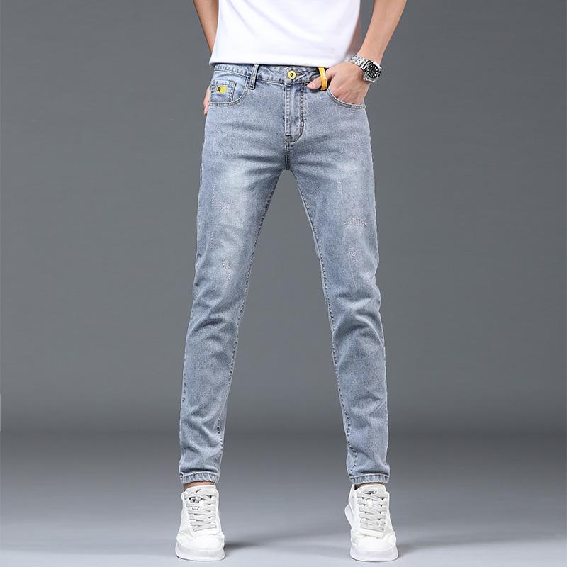 Printemps et automne mince hommes jeans tendance polyvalent couleur claire minceur petite jambe coquin beau mode lavé décontracté_voghion.com
