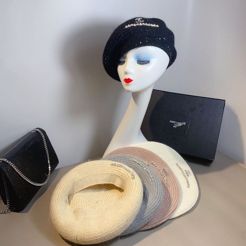 New knitted wool elastic edge high elastic Korean style western style painter hat sequined rhinestone Chanel style rabbit fur beret
