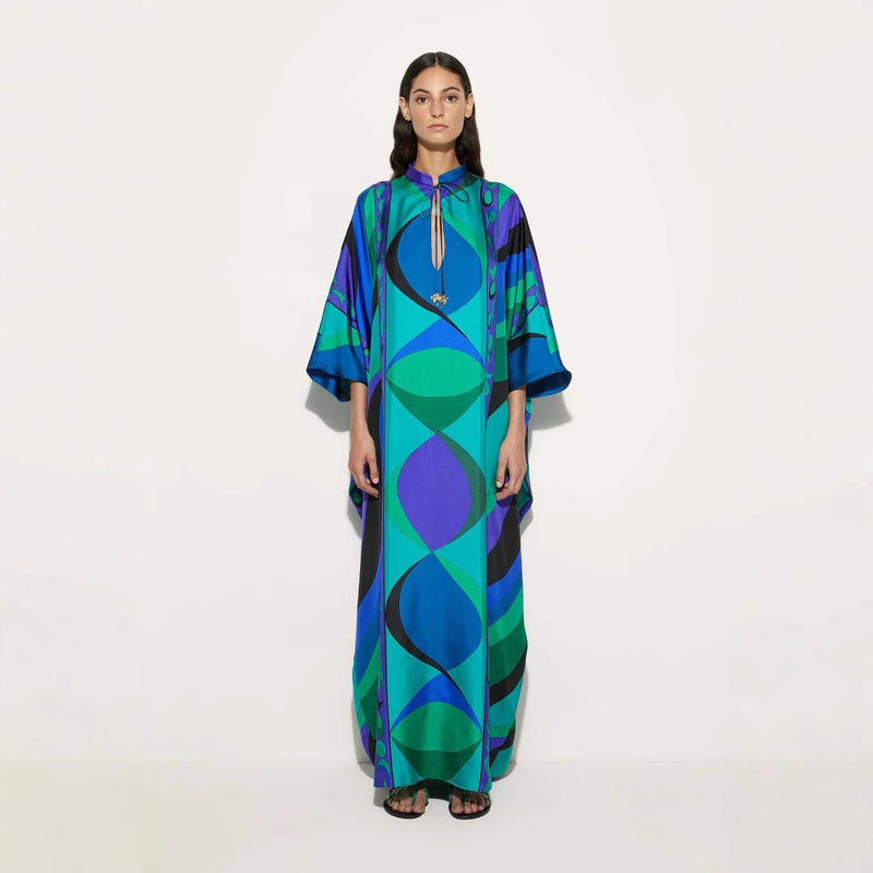 European and American Cross-Border Export Women's New Style 2025 Summer Intellectual Style Round Neck Lace-Up Printed Dress