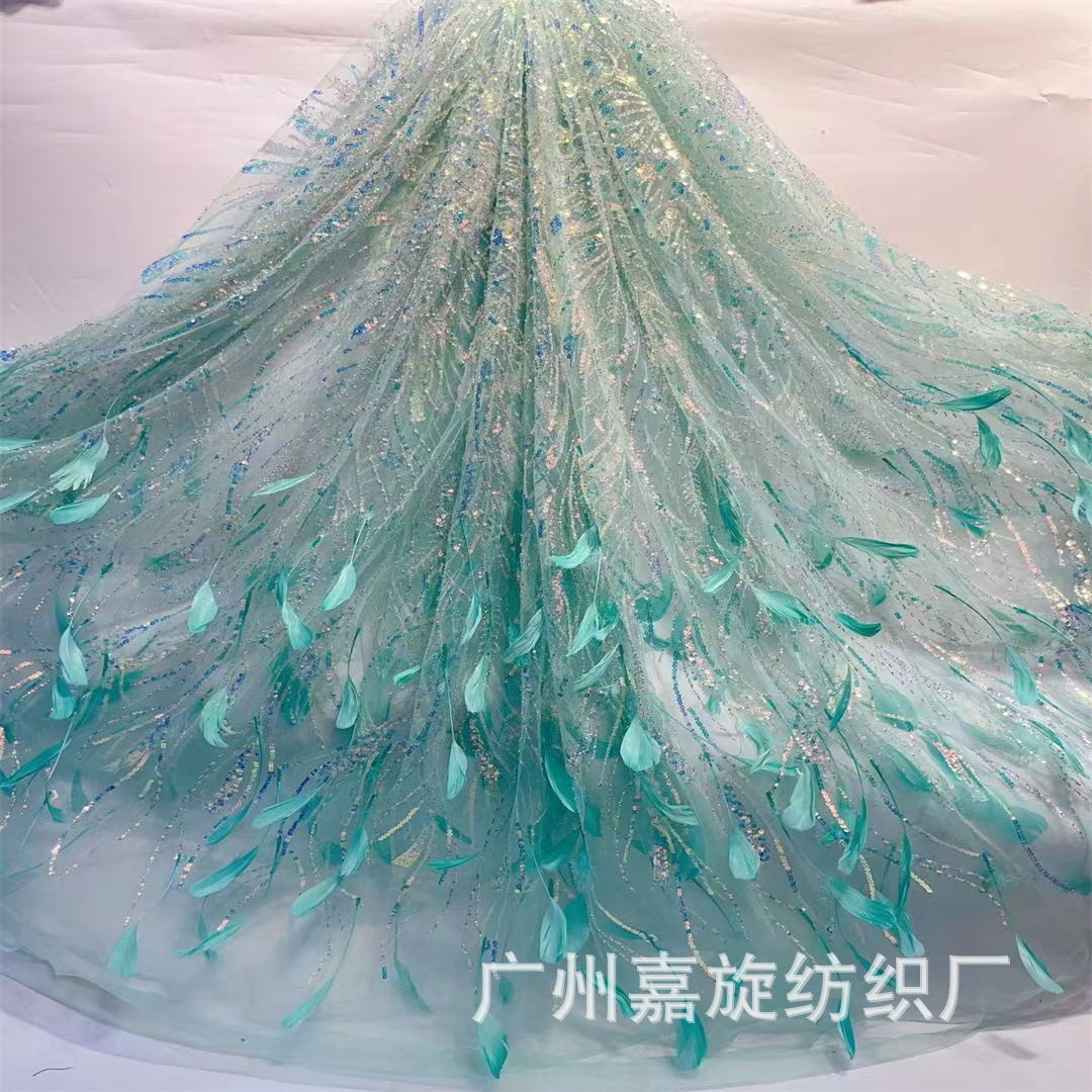 3D fuegos artificiales de plumas hechos a mano pieza de fantasía tela bordada de tul vestido de color caramelo ropa de rendimiento tela de encaje