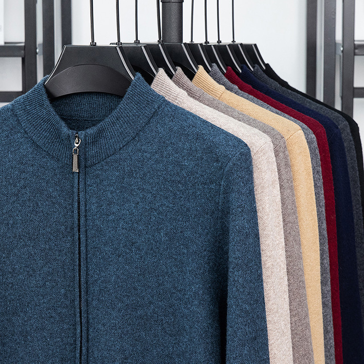 Men's Thick Wool Sweater, Men's Half-Turtleneck Knit Sweater, Zip-Up Cardigan, Solid Color, All-Wool Sweater for Men, Cross-Border