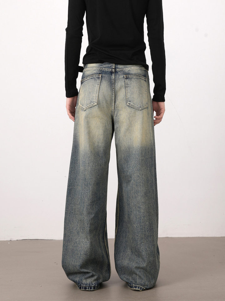 Quần jeans nam dáng rộng ống đứng phong cách retro Mỹ, giặt mài làm cũ — Màu xanh dương