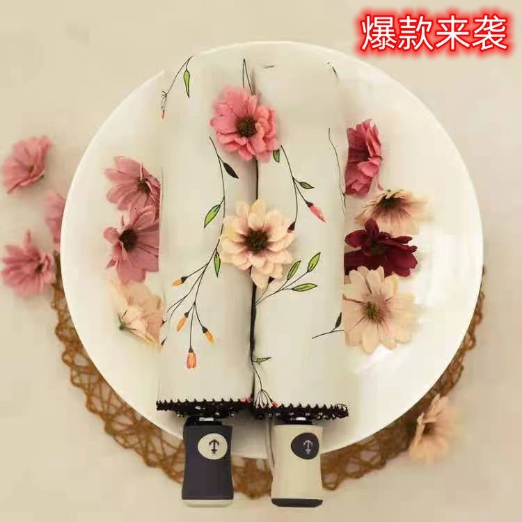 Automatic Small Floral Umbrella Folding Sunny Umbrella Hook Lace Sunshade Umbrella Black Rubber Sunscreen UV Protection Sun Umbrella for Women