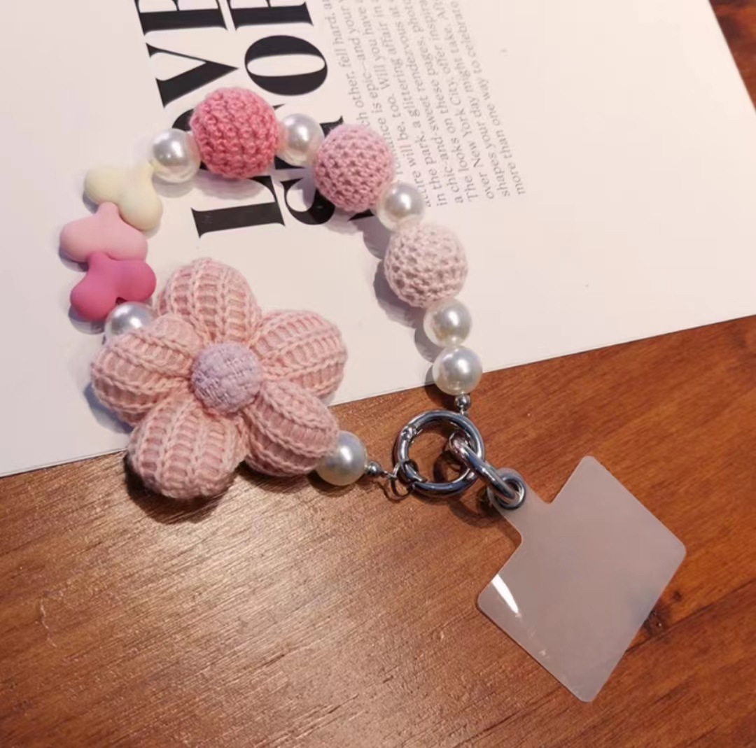 Corto hecho a mano de lana flor amor bolsa perlas adornos ins moda red teléfono móvil Cordón de cadena portátil cordón