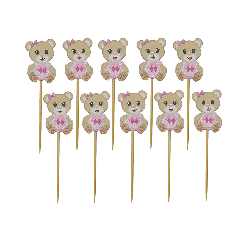Tarjeta de peluche rosa, selección de fruta, selección de bambú desechable, barbacoa, postre, pastel, inserto, plato de fruta, selección de decoración de fiesta