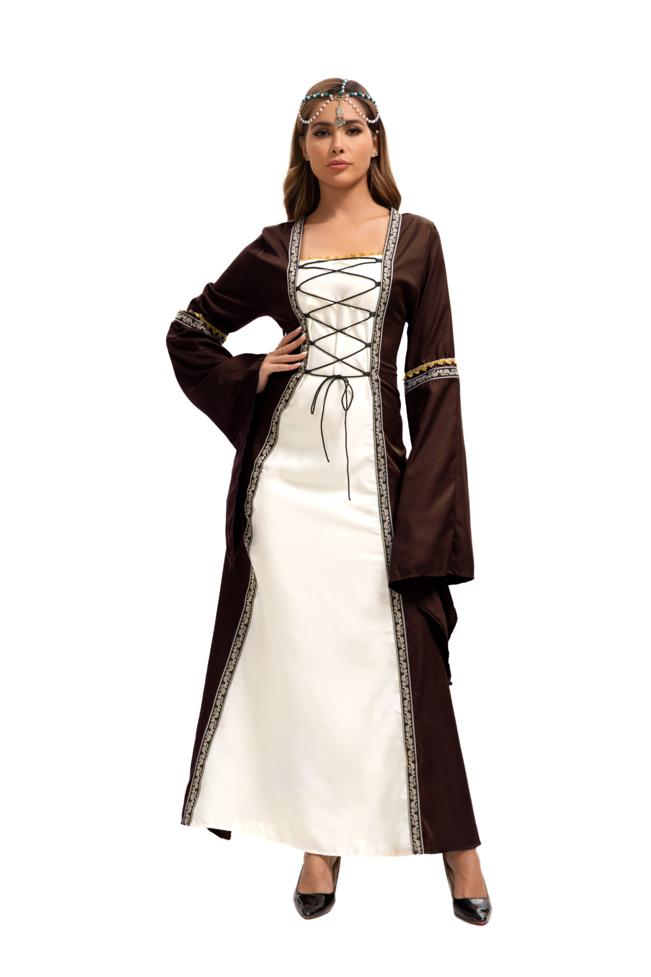 Robe longue de style européen et américain 2025, col carré, manches évasées, style gothique rétro, vêtements pour femmes, robe de cour médiévale_voghion.com