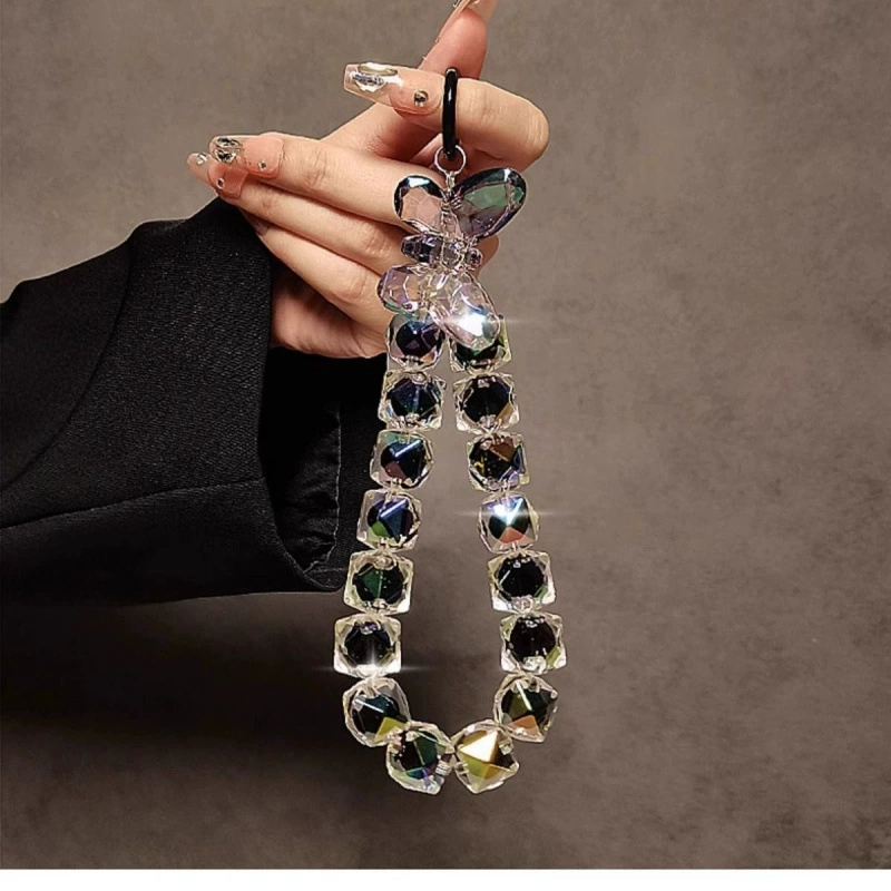 Black mobile phone, handheld beaded bracelet, chain, strap, pendant