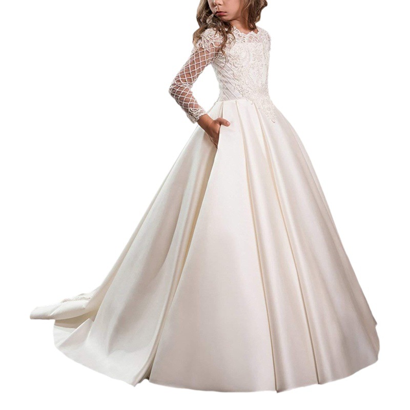 Comercio exterior Vestido de niños europeos y americanos vestido de niña de flores para niños Satén de encaje de manga larga rendimiento pasarela vestido esponjoso de niña