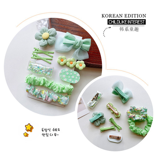 Korean style cute fabric flower children's hair clip set spring color bow bangs clip floral pleated hair tie