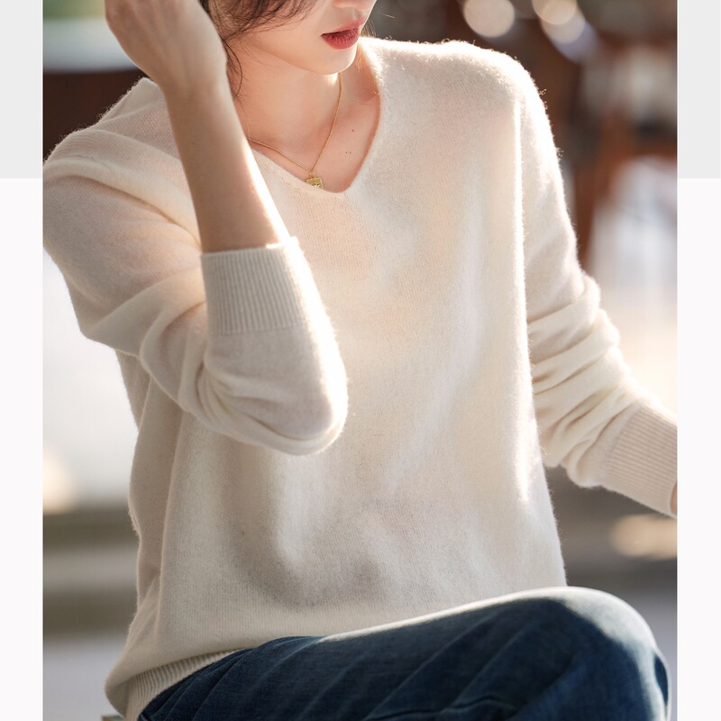 百家好小香风白色V领羊毛针织打底衫女2025秋季新款|undefined