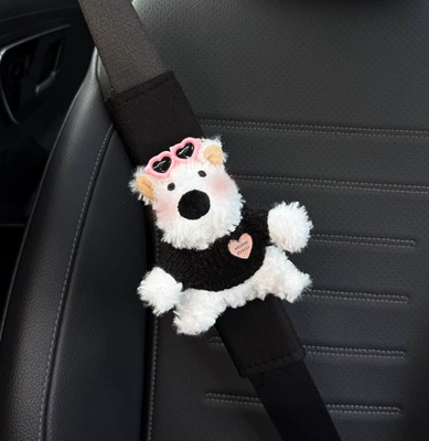 Car Seat Belt Shoulder Pads, Cute: Seat belt shoulder pad - pink-heart-mirror-m-black-sweater-west-highland-black-shoulder-pads