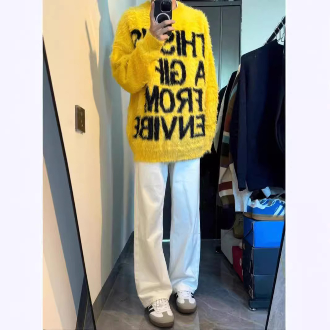 (2개) 미국 레트로 하이마 헤어 레터 자카드 컬러 대조 크루 넥 스웨터 남녀 트렌디 브랜드 루즈 올 매치 풀오버 스웨터