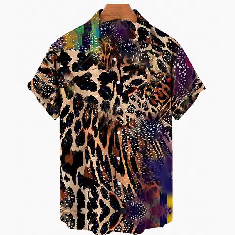 Short-Sleeved Leopard Print Men's Shirt, Men's Clothing, Hawaiian Fashion, 3D Printed Thin Lapel Floral Casual Shirt
